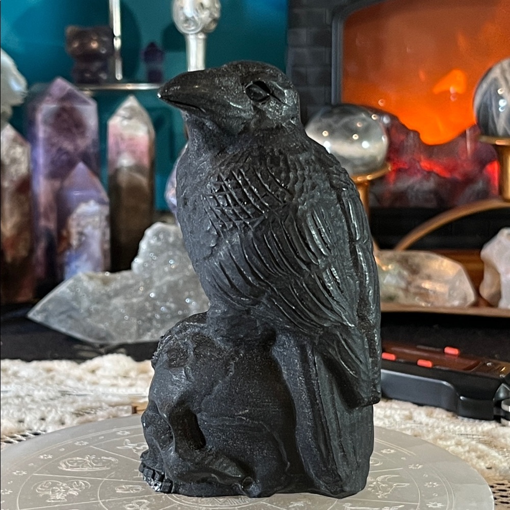 Matte obsidian raven on skull (as is)
